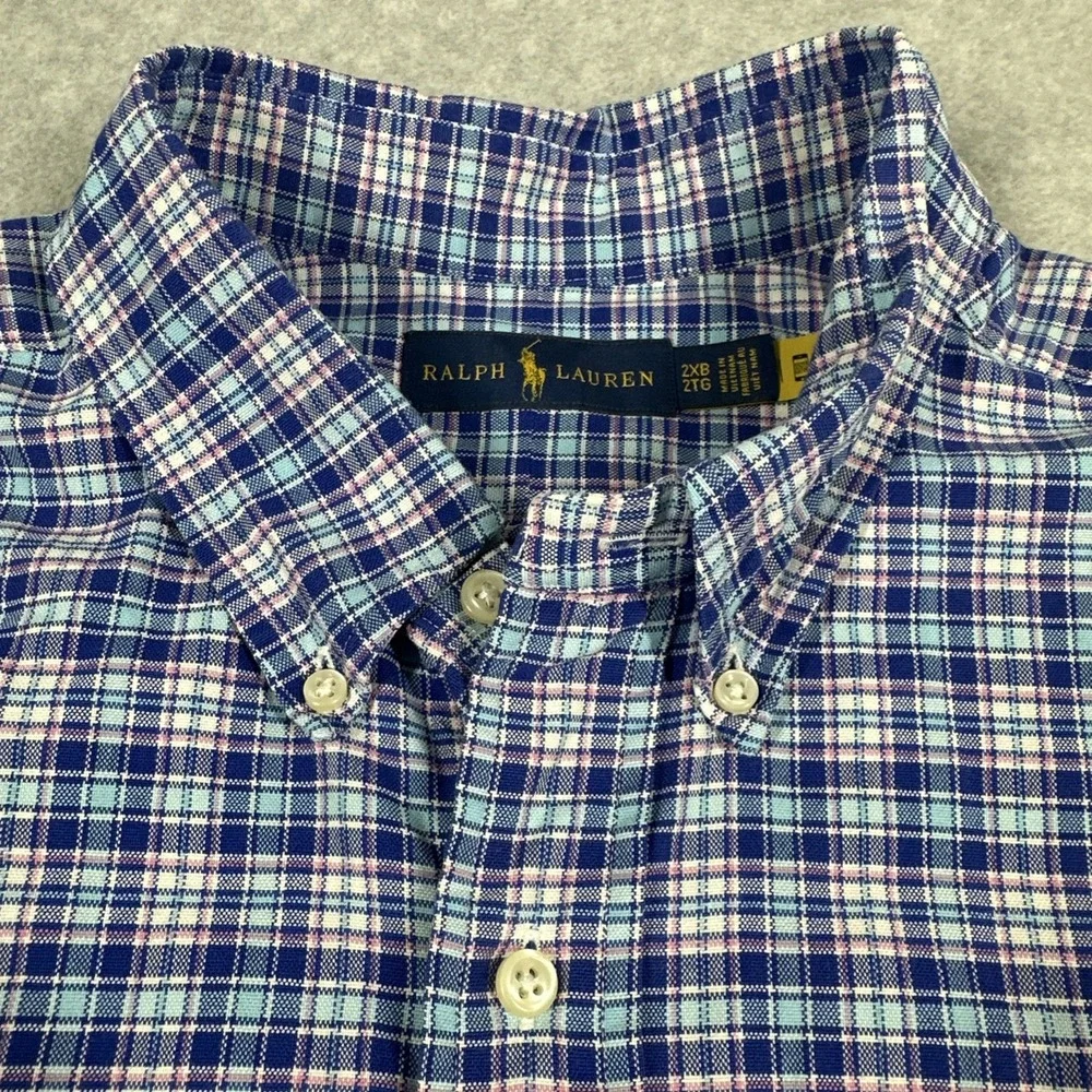 Ralph Lauren Men's 2XB Blue‎ Plaid Short Sleeve Button Down Pocket Shirt Casual